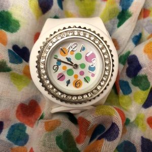 Geneva slap on white wristband watch with colorful polka dots on face